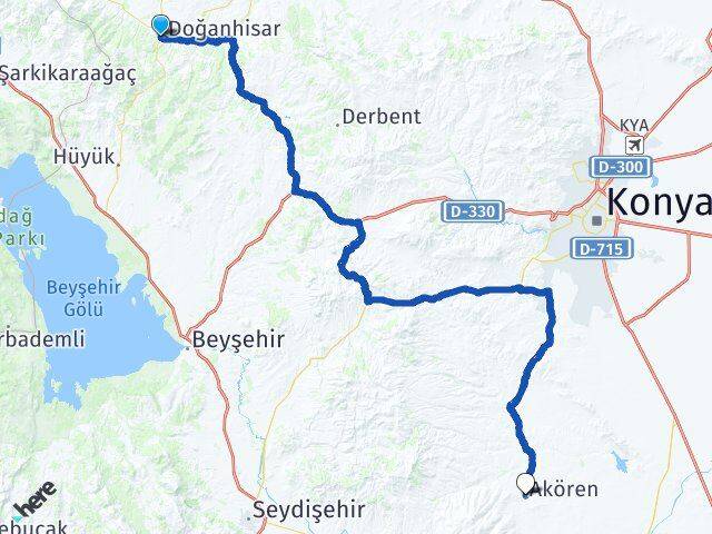 Konya Doğanhisar Akören Arası Kaç Km - Yol Haritası