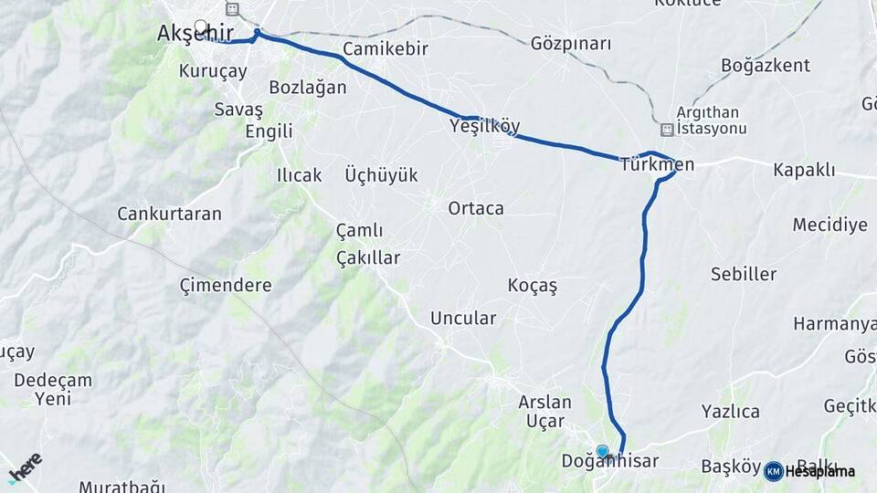Konya Doğanhisar Akşehir Arası Kaç Km - Yol Haritası