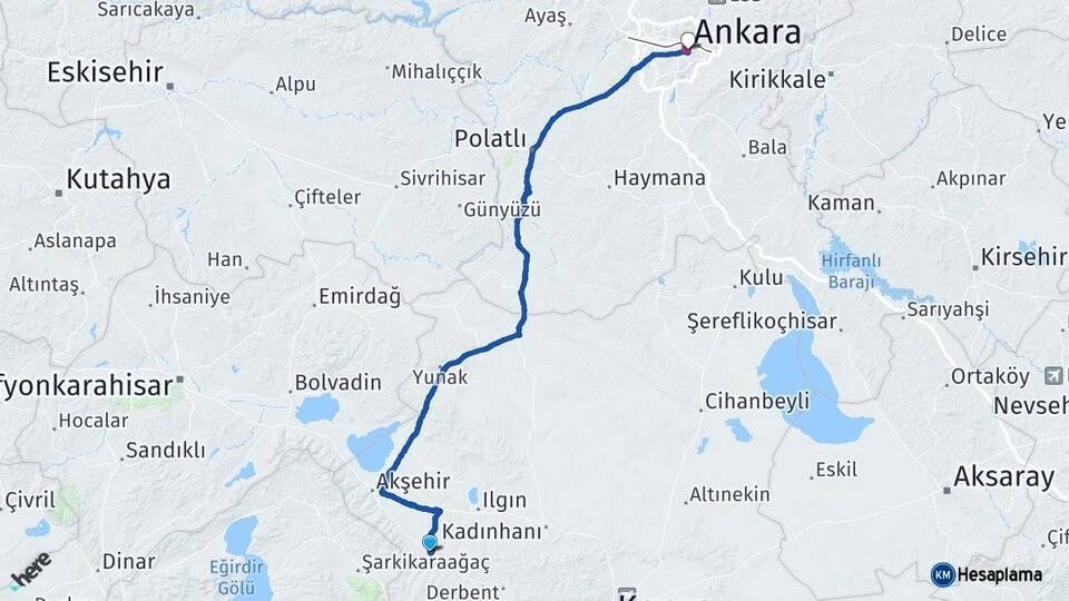 Konya Doğanhisar Ankara Arası Kaç Km - Yol Haritası