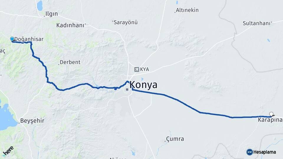 Konya Doğanhisar Karapınar Arası Kaç Km - Yol Haritası