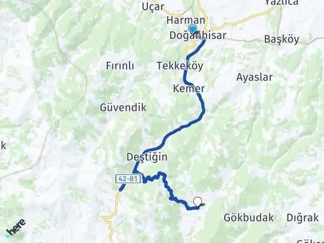Konya Doğanhisar Konakkale Doğanhisar Arası Kaç Km - Yol Haritası