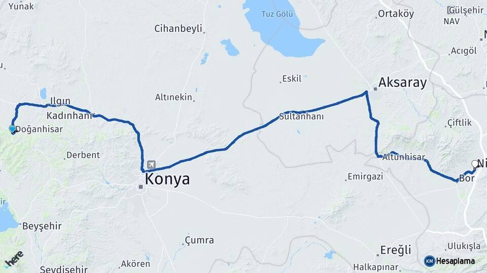 Konya Doğanhisar Niğde Arası Kaç Km - Yol Haritası