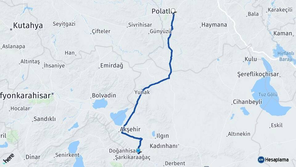 Konya Doğanhisar Polatlı Ankara Arası Kaç Km - Yol Haritası