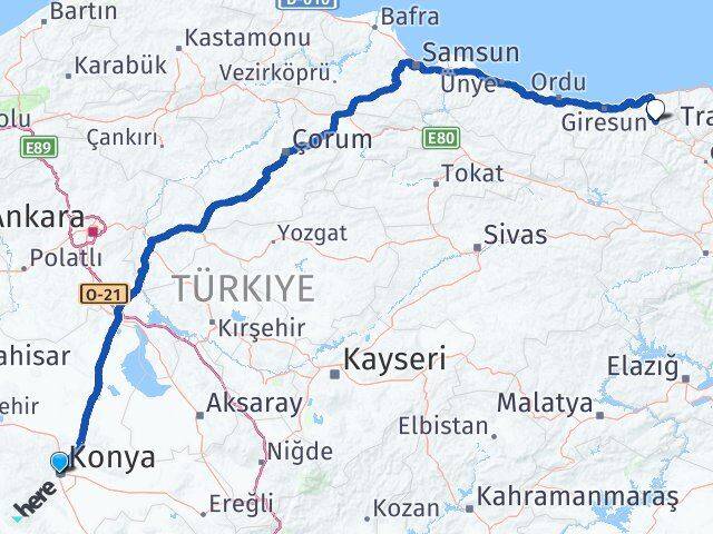 Konya Doğankent Giresun Arası Kaç Km - Yol Haritası