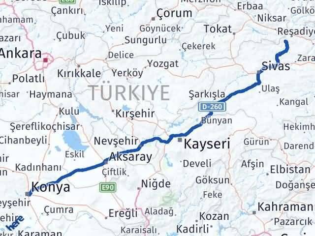 Konya Doğanşar Sivas Arası Kaç Km - Yol Haritası