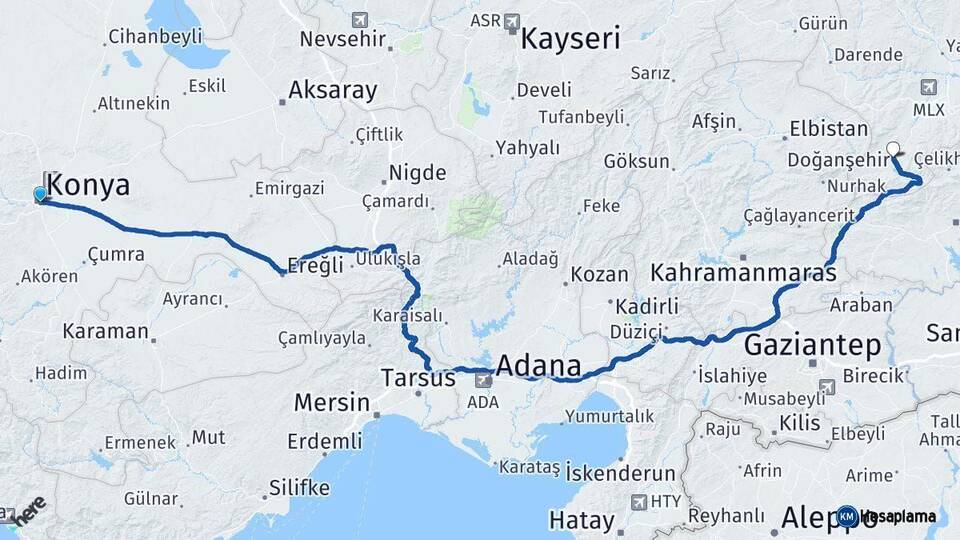 Konya Doğanşehir Malatya Arası Kaç Km - Yol Haritası