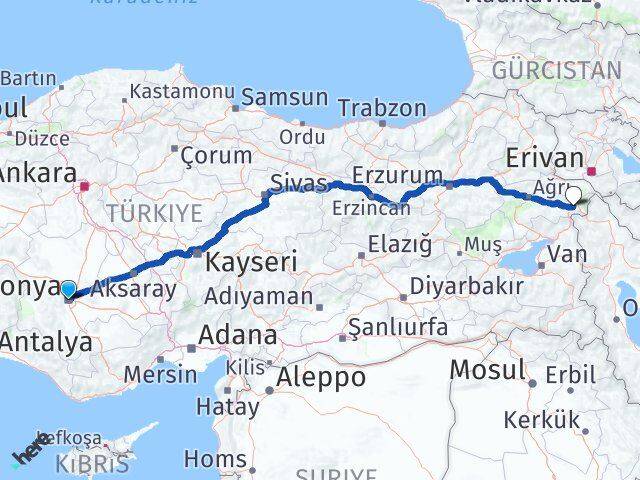 Konya Doğubayazıt Ağrı Arası Kaç Km - Yol Haritası