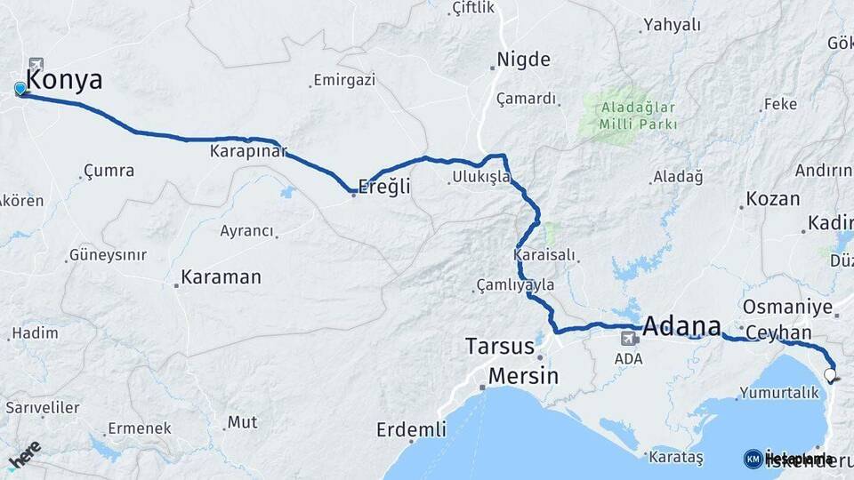 Konya Dörtyol Hatay Arası Kaç Km - Yol Haritası