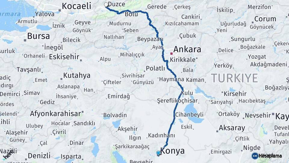 Konya Düzce Arası Kaç Km - Yol Haritası