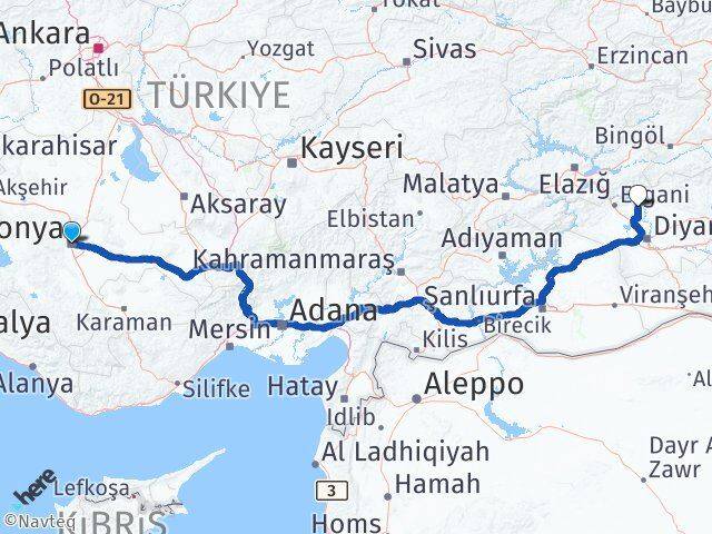 Konya Eğil Diyarbakır Arası Kaç Km - Yol Haritası