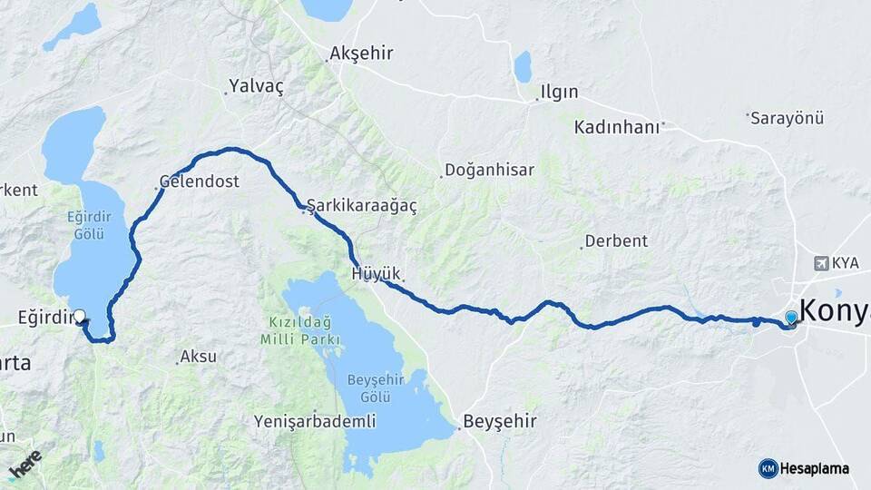 Konya Eğirdir Isparta Arası Kaç Km - Yol Haritası