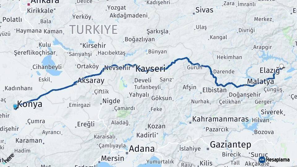 Konya Elazığ Arası Kaç Km - Yol Haritası