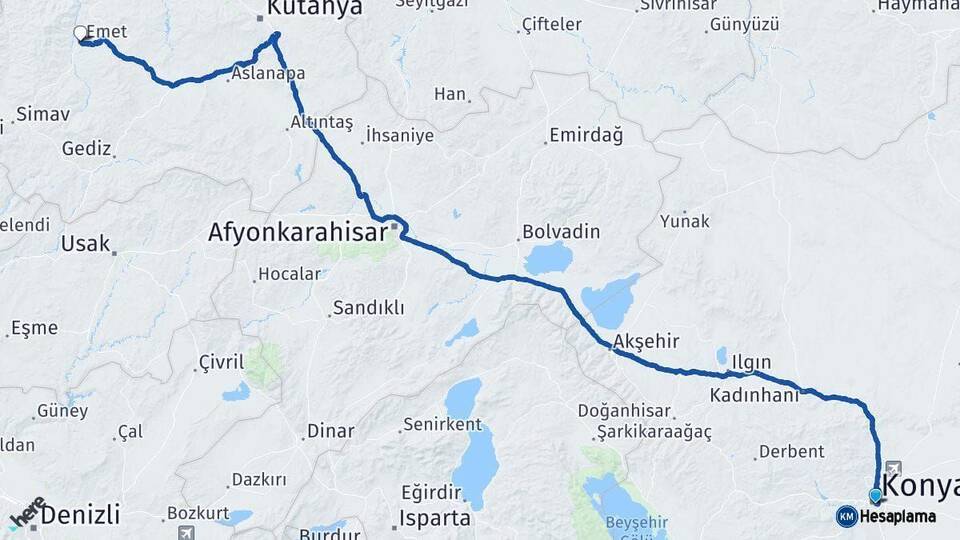 Konya Emet Kütahya Arası Kaç Km - Yol Haritası