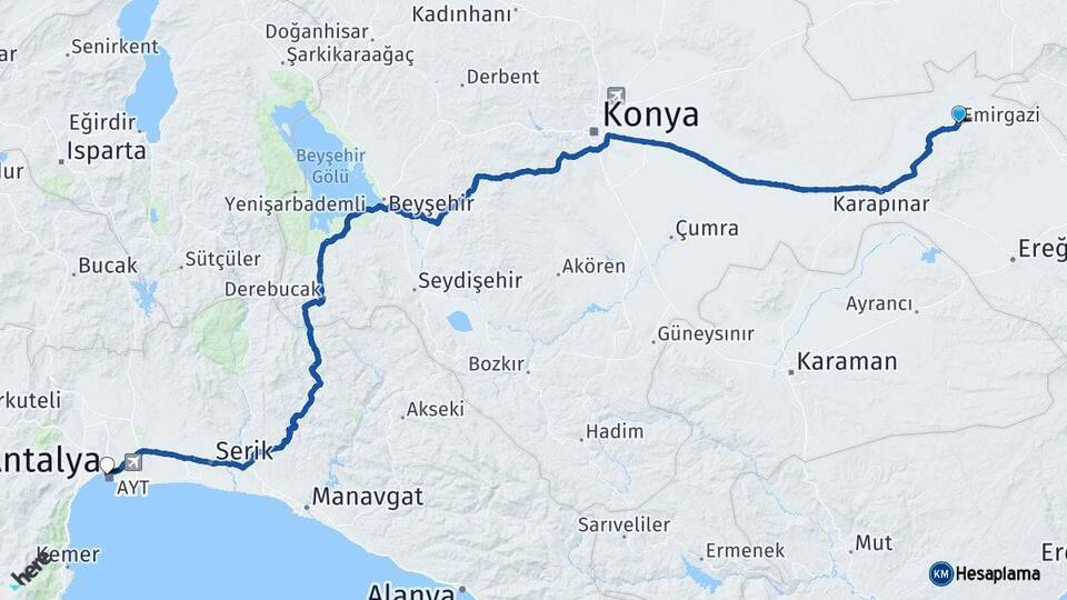 Emirgazi Antalya Arası Kaç Km - Yol Tarifi