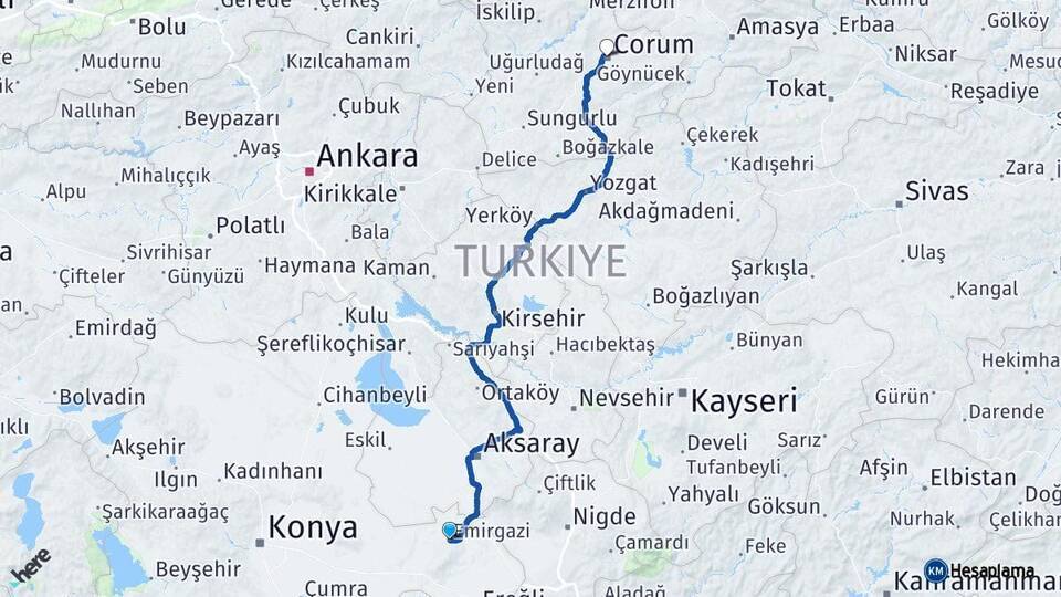 Emirgazi Çorum Arası Kaç Km - Yol Tarifi