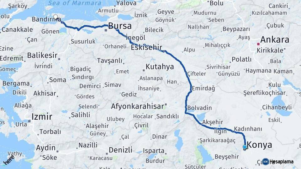Konya Erdek Balıkesir Arası Kaç Km - Yol Haritası