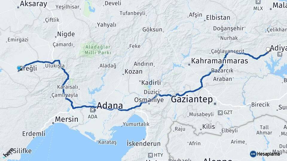 Konya Ereğli Adıyaman Arası Kaç Km - Yol Haritası