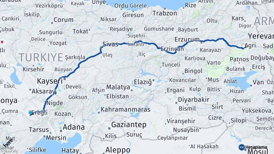 Konya Ereğli Ağrı Arası Kaç Km - Yol Haritası