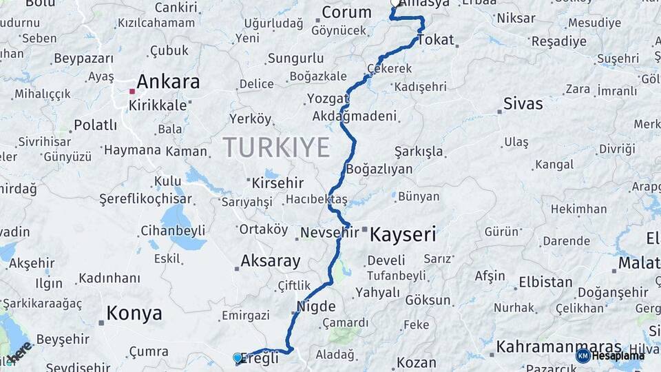 Konya Ereğli Amasya Arası Kaç Km - Yol Haritası
