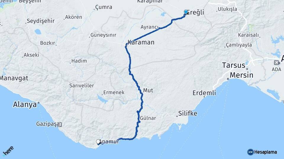 Konya Ereğli Anamur Mersin Arası Kaç Km - Yol Haritası