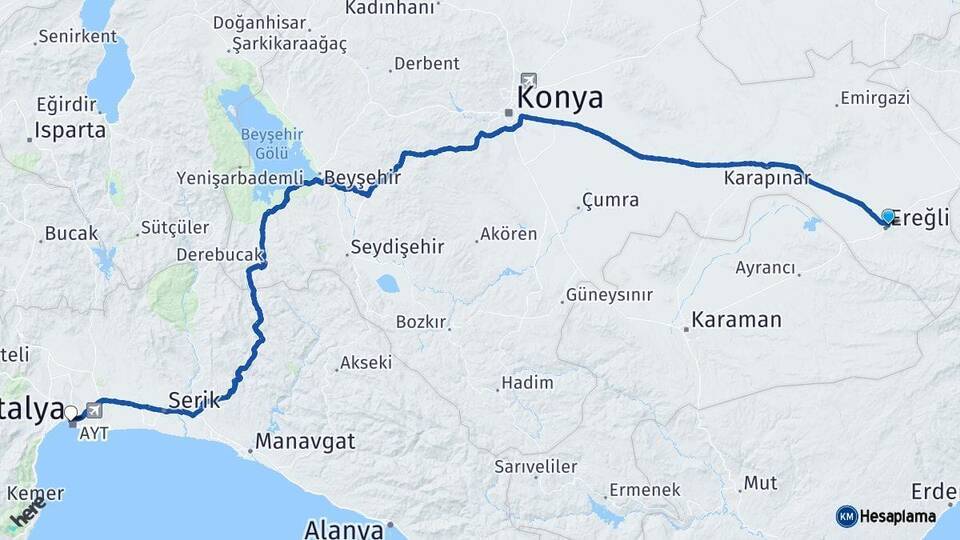 Konya Ereğli Antalya Arası Kaç Km - Yol Haritası