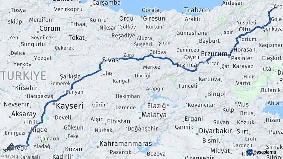Konya Ereğli Ardahan Arası Kaç Km - Yol Haritası