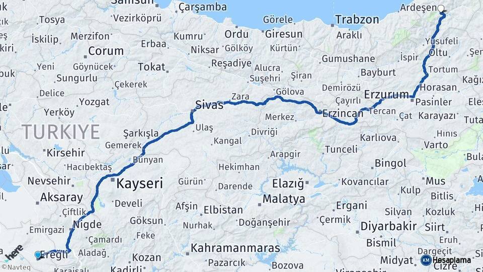 Konya Ereğli Artvin Arası Kaç Km - Yol Haritası