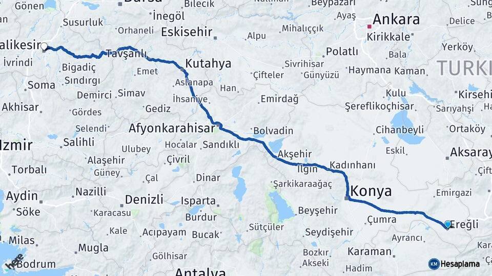 Konya Ereğli Balıkesir Arası Kaç Km - Yol Haritası