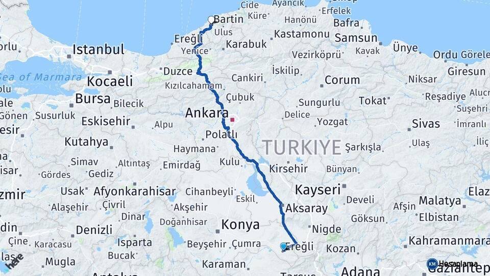 Konya Ereğli Bartın Arası Kaç Km - Yol Haritası
