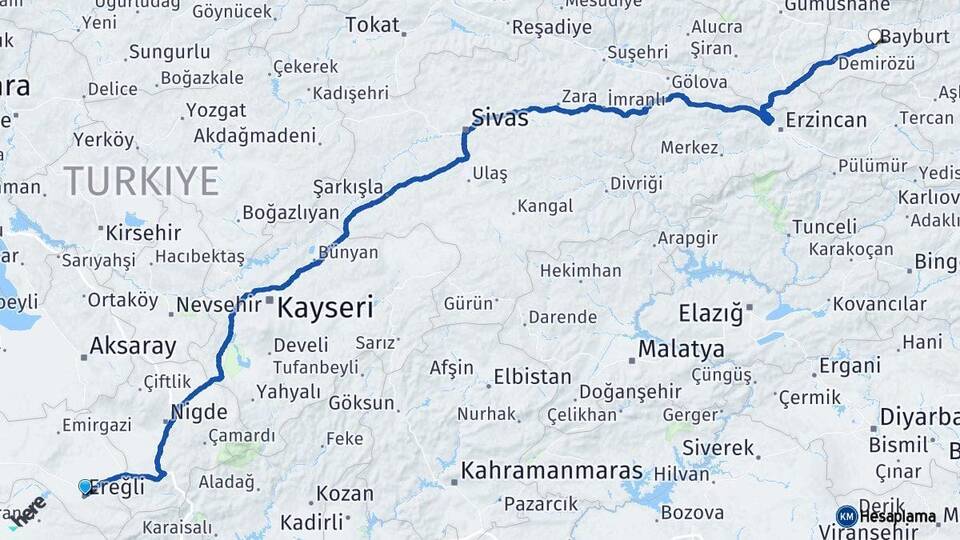 Konya Ereğli Bayburt Arası Kaç Km - Yol Haritası