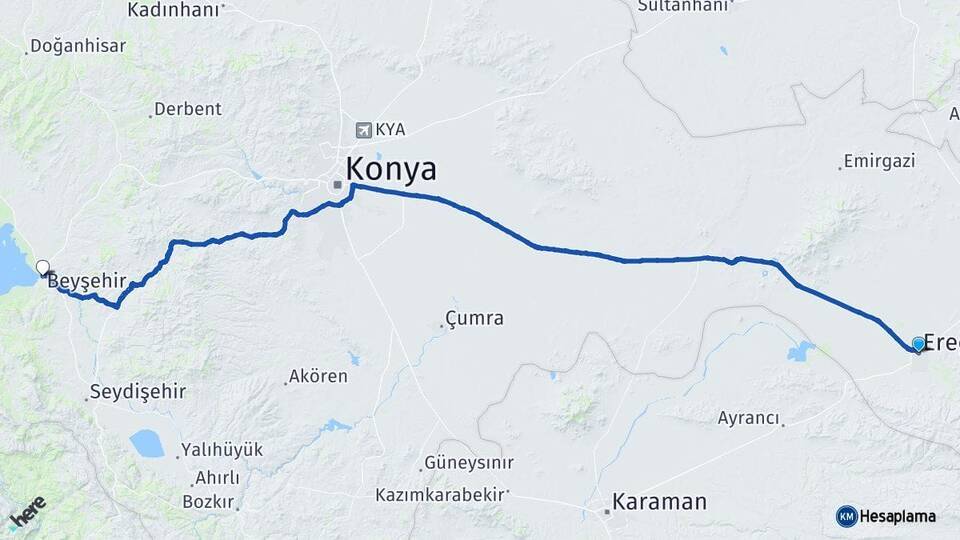 Konya Ereğli Beyşehir Arası Kaç Km - Yol Haritası