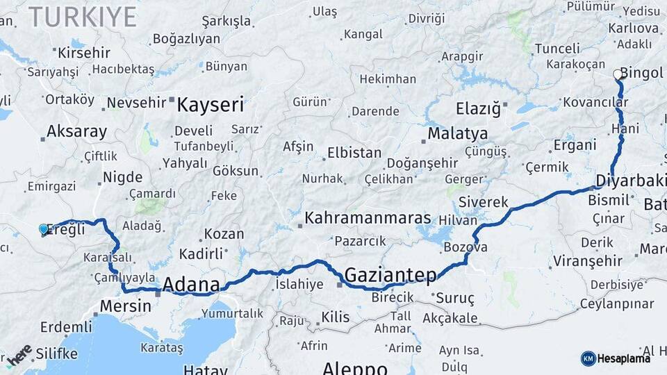 Konya Ereğli Bingöl Arası Kaç Km - Yol Haritası