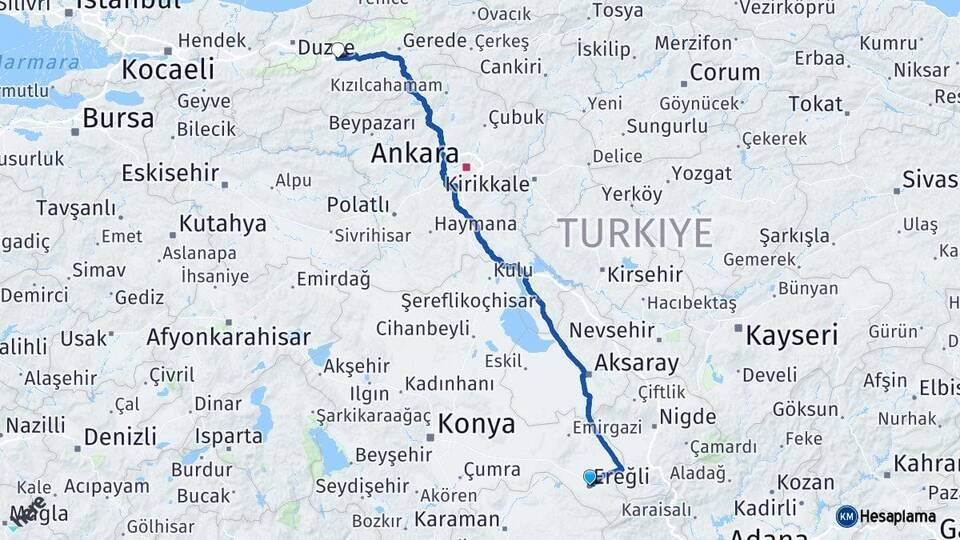Konya Ereğli Bolu Arası Kaç Km - Yol Haritası