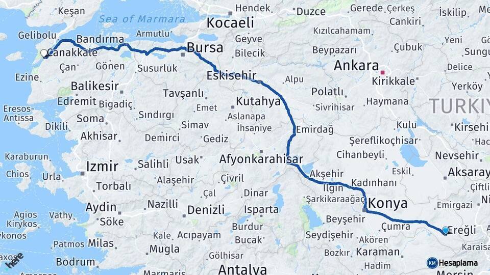Konya Ereğli Çanakkale Arası Kaç Km - Yol Haritası