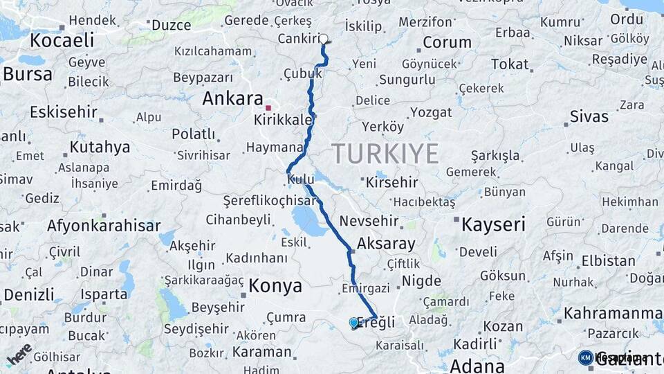 Konya Ereğli Çankırı Arası Kaç Km - Yol Haritası