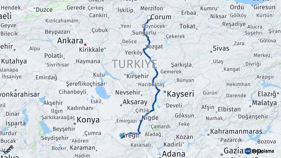 Konya Ereğli Çorum Arası Kaç Km - Yol Haritası