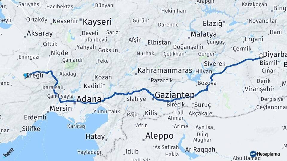Konya Ereğli Diyarbakır Arası Kaç Km - Yol Haritası