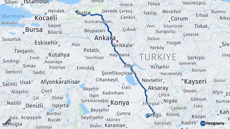 Konya Ereğli Düzce Arası Kaç Km - Yol Haritası
