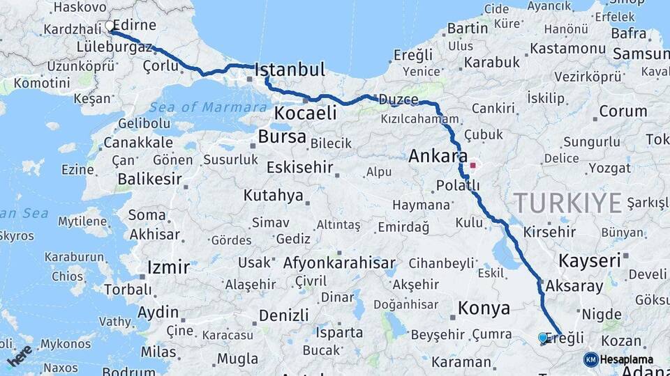 Konya Ereğli Edirne Arası Kaç Km - Yol Haritası