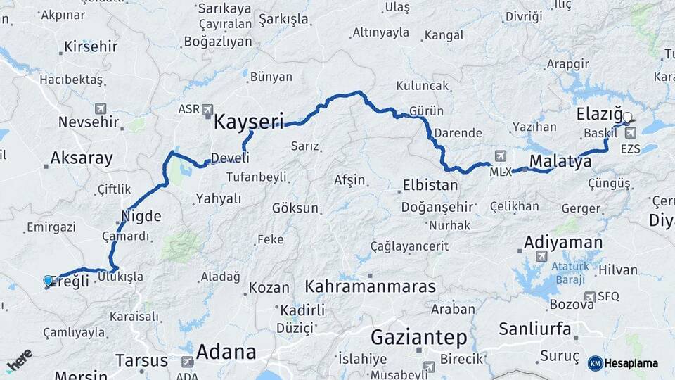 Konya Ereğli Elazığ Arası Kaç Km - Yol Haritası