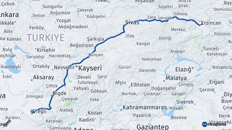 Konya Ereğli Erzincan Arası Kaç Km - Yol Haritası