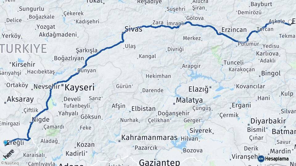 Konya Ereğli Erzurum Arası Kaç Km - Yol Haritası
