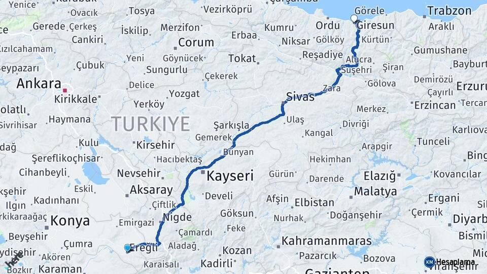 Konya Ereğli Giresun Arası Kaç Km - Yol Haritası