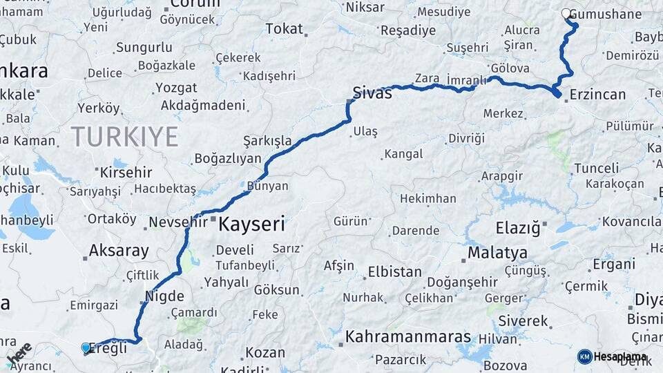 Konya Ereğli Gümüşhane Arası Kaç Km - Yol Haritası