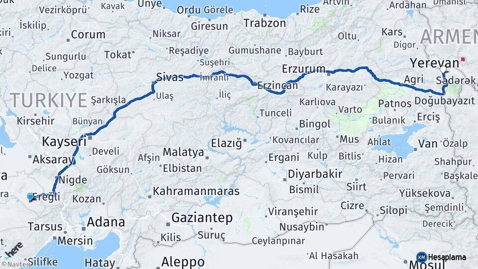 Konya Ereğli Iğdır Arası Kaç Km - Yol Haritası