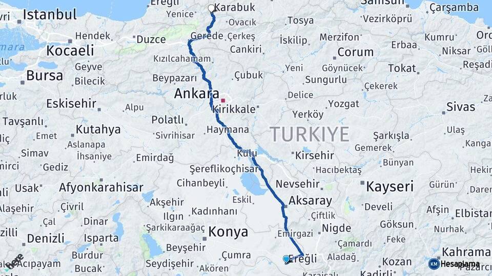 Konya Ereğli Karabük Arası Kaç Km - Yol Haritası