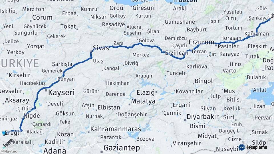 Konya Ereğli Kars Arası Kaç Km - Yol Haritası