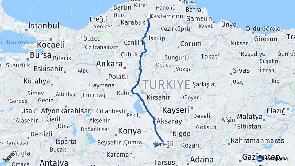 Konya Ereğli Kastamonu Arası Kaç Km - Yol Haritası