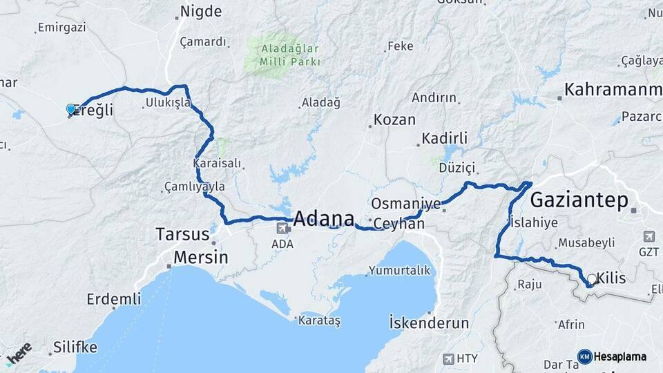 Konya Ereğli Kilis Arası Kaç Km - Yol Haritası