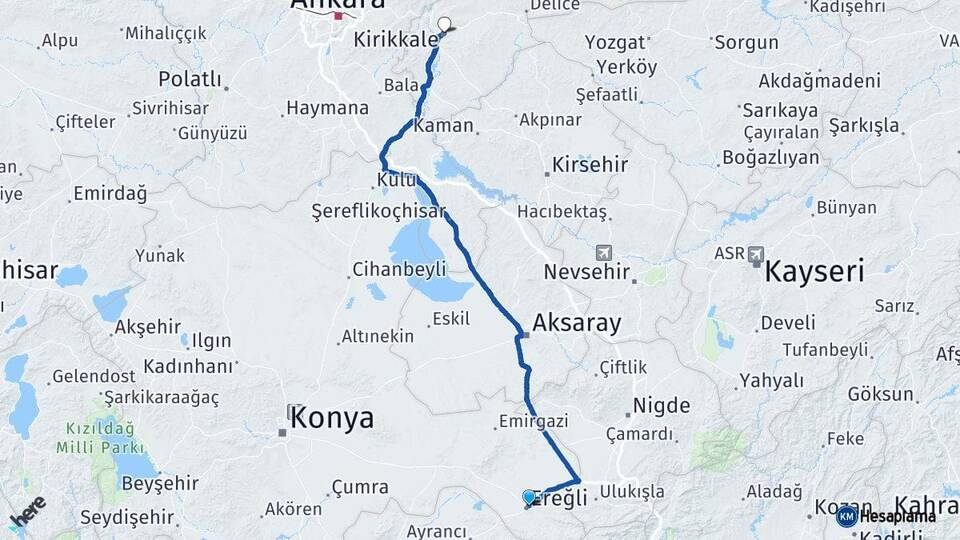 Konya Ereğli Kırıkkale Arası Kaç Km - Yol Haritası